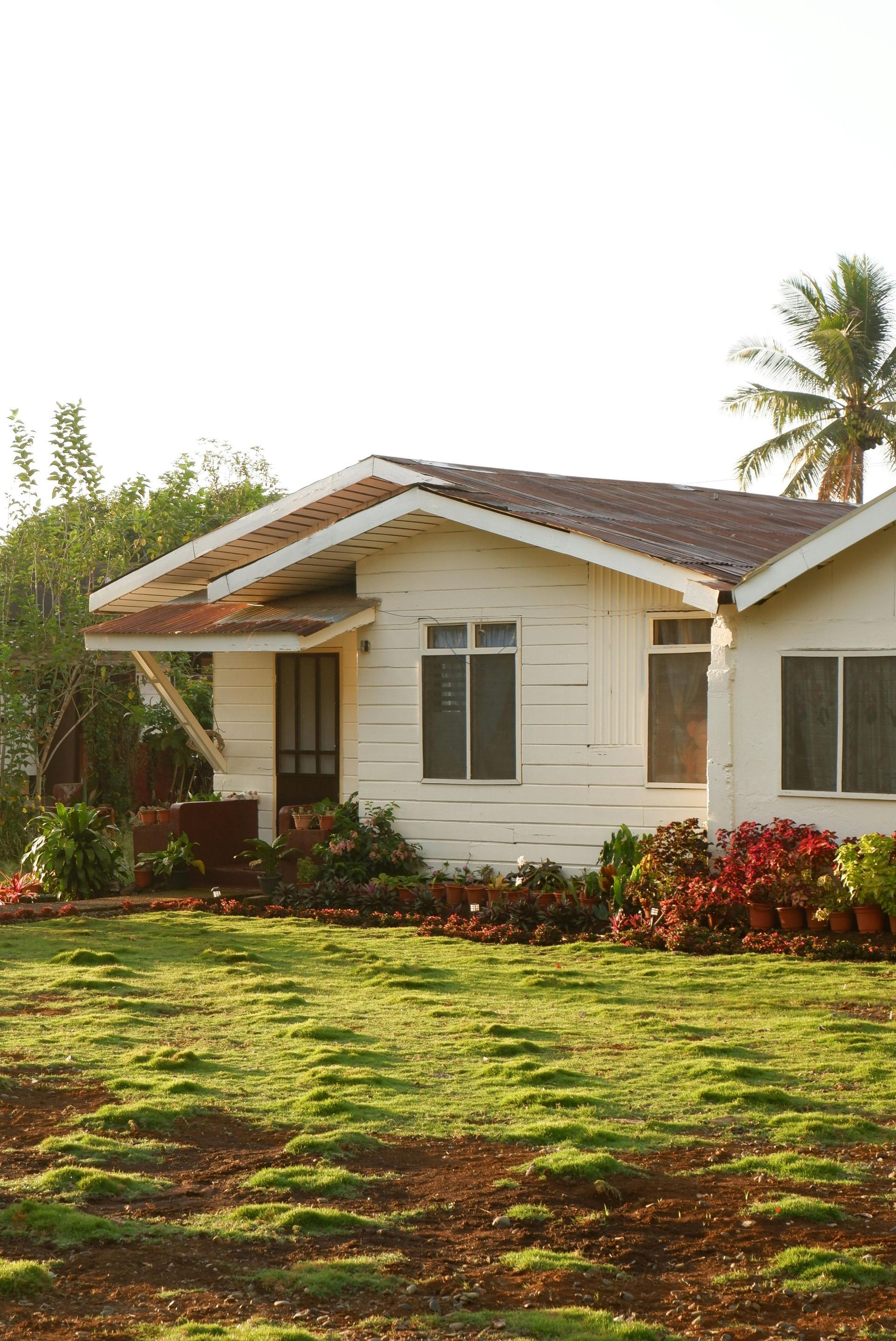 White house with brown roof, green lawn, and tropical plants.