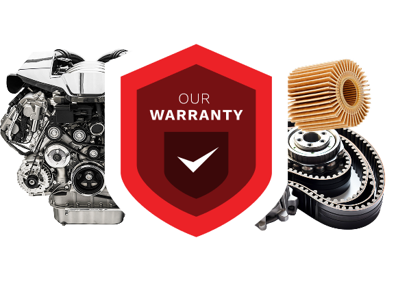 A red shield with the words our warranty on it | Ed's Automotive