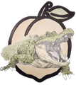 Alligator with open jaws inside a peach, green, brown, and black.