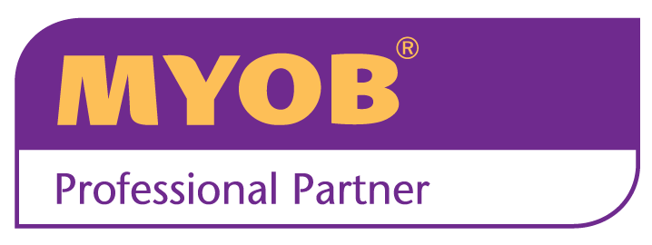 A purple and orange logo for myob professional partner