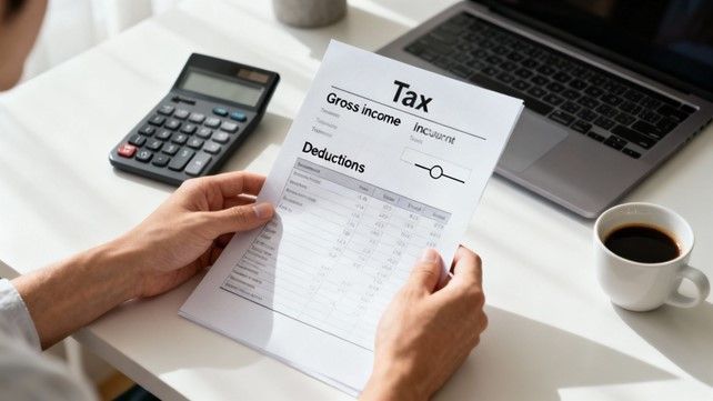 Person reviewing tax form with laptop, calculator, and coffee on a desk.