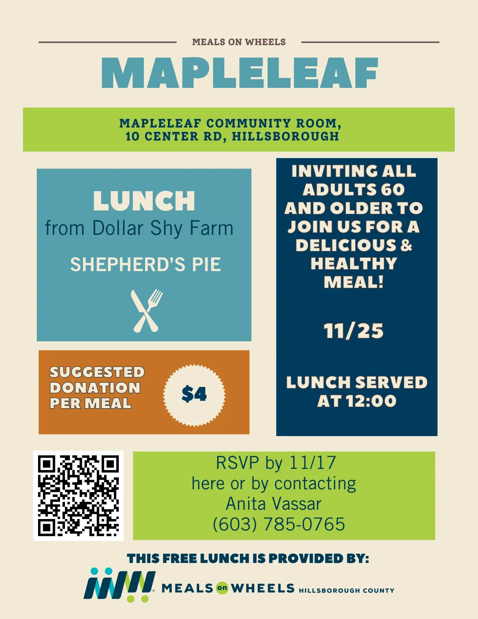 Flyer: Meals on Wheels event at Mapleleaf Community Room, offering Shepherd's Pie to adults 60+ on 11/25. RSVP by 11/17.