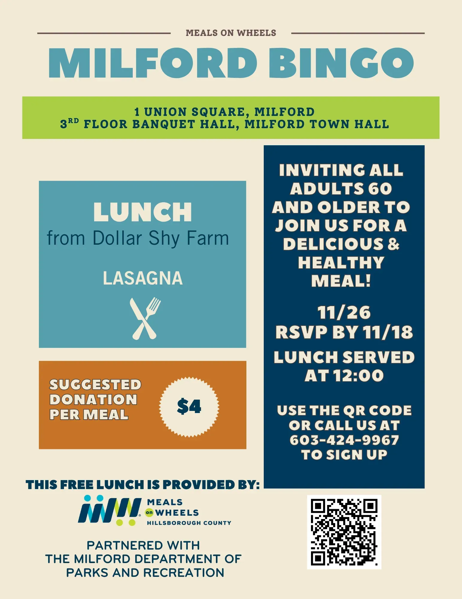 Milford Bingo flyer: Lunch with lasagna at Milford Town Hall on 11/26. Adults 60+ invited. RSVP by 11/18.