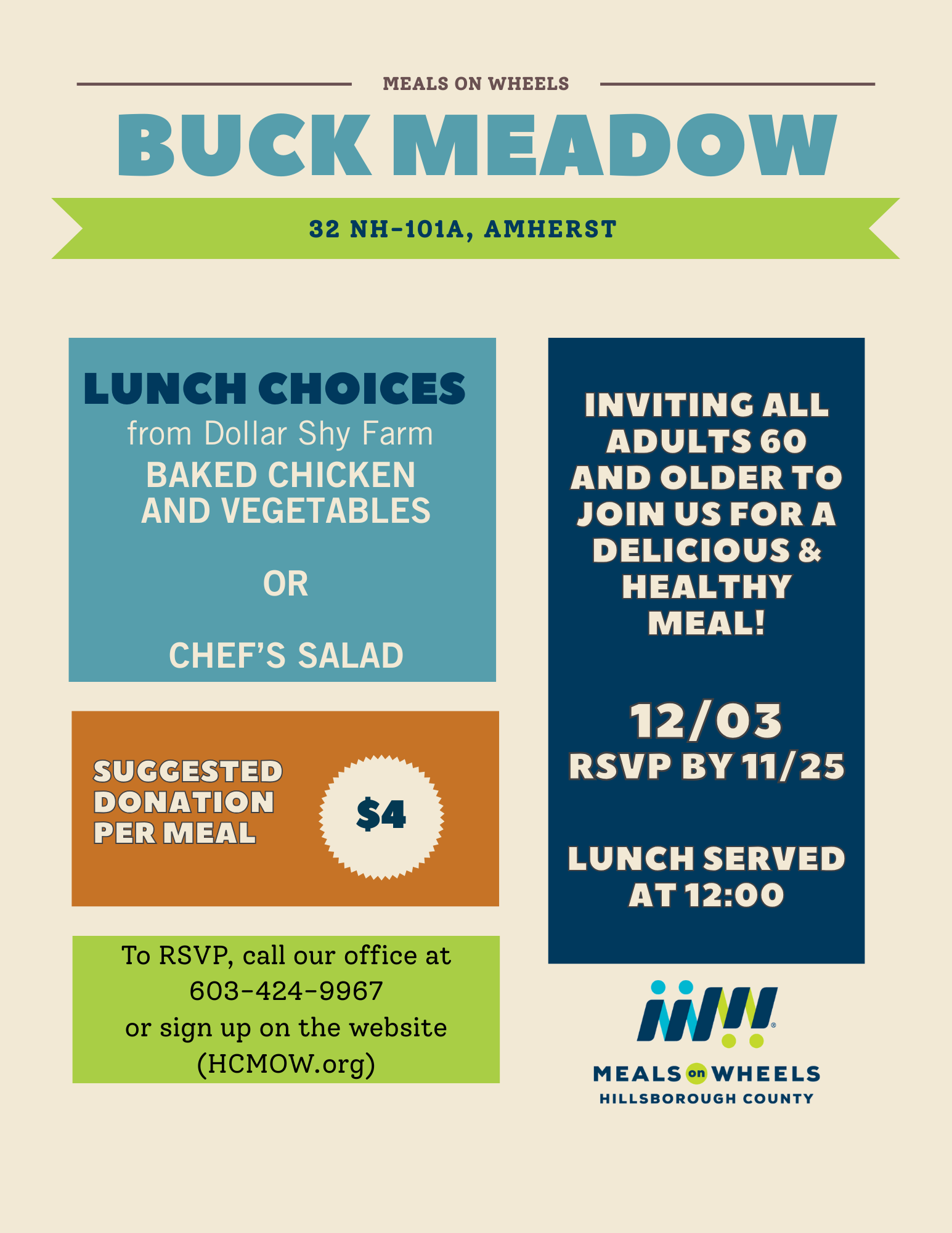Flyer for Meals on Wheels lunch at Buck Meadow, Amherst: Baked chicken or chef salad, suggested donation $4. RSVP by 11/25 for 12/03 lunch.