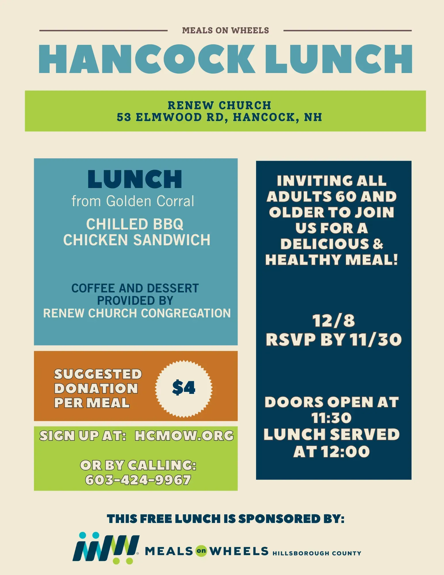 Hancock Lunch flyer: free lunch for adults 60+ at Renew Church. BBQ chicken sandwich, RSVP by 11/30.