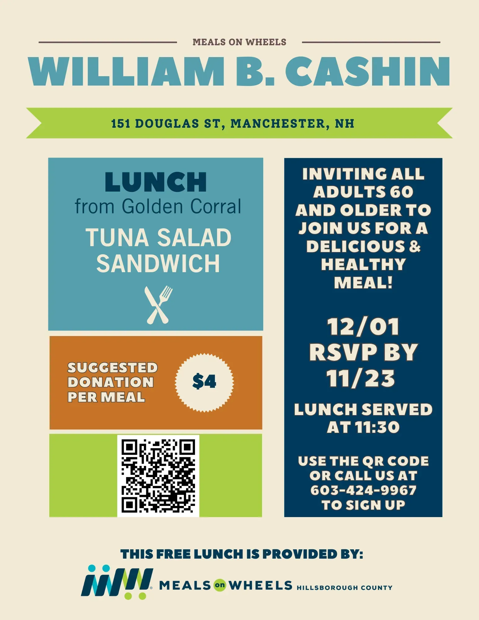 Lunch invitation for William B. Cashin in Manchester, NH. Offers tuna salad sandwich for adults. RSVP by 11/23 for 12/01 lunch.