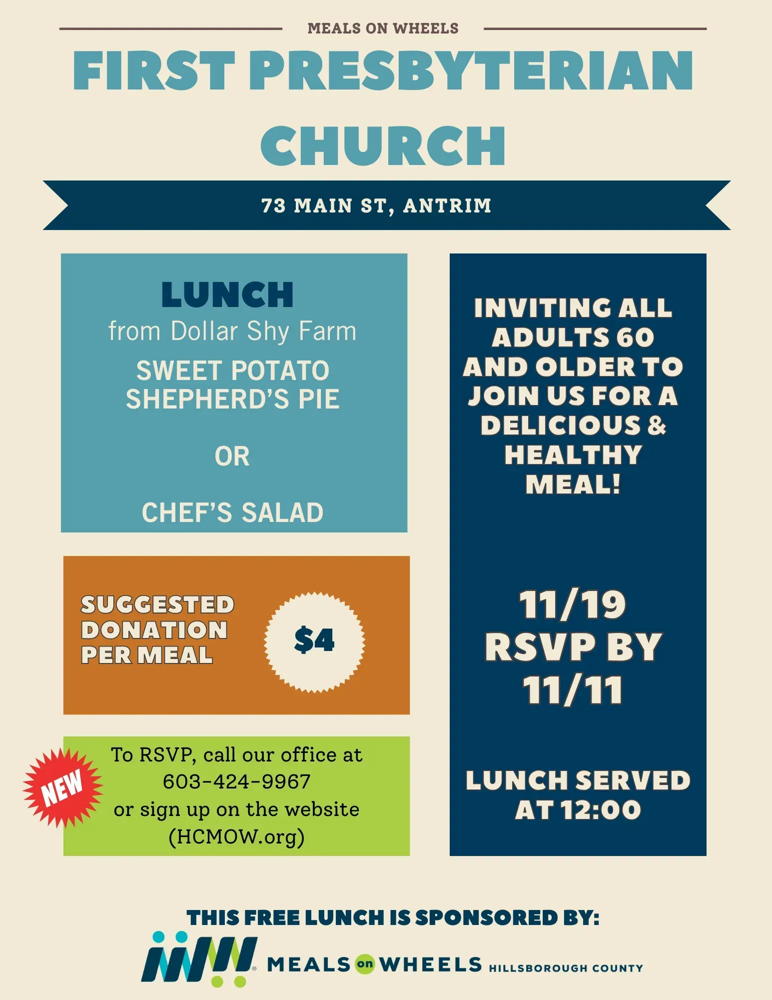 Flyer for First Presbyterian Church lunch. Sweet potato shepherd's pie or chef's salad offered to adults 60+. RSVP by 11/11, lunch 12:00.
