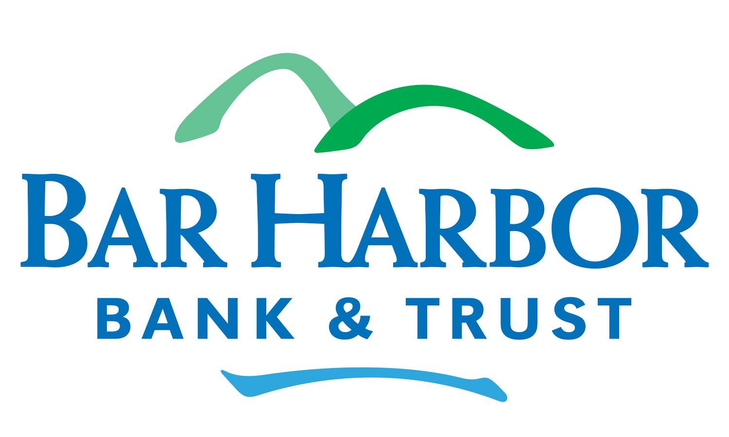 Bar Harbor Bank & Trust logo: Blue text with a mountain graphic in green and a blue line below.