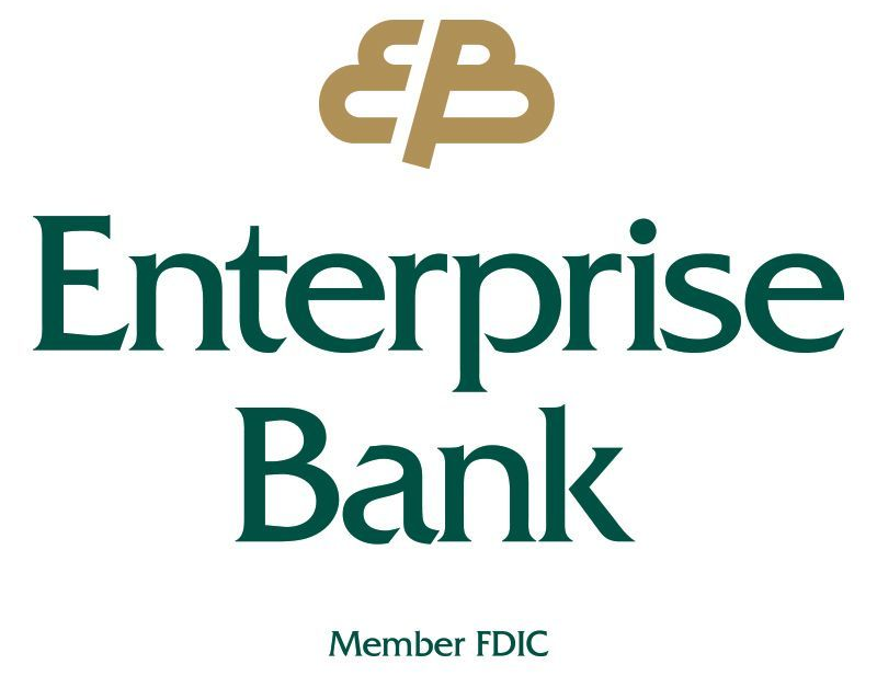 Enterprise Bank logo with green text and a gold symbol.
