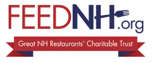 Logo for FEEDNH.org, a charitable trust of Great NH Restaurants. Text and ribbon in red and blue with fork icon.