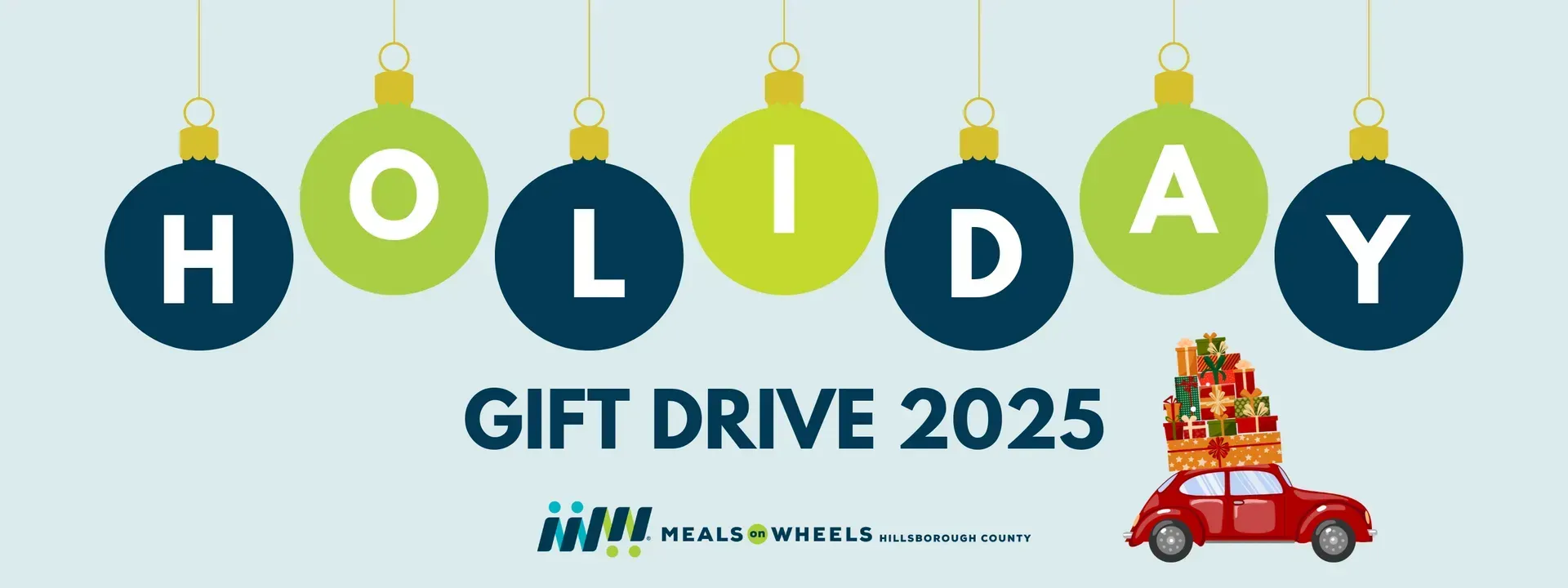 Holiday gift drive advertisement. Text on ornaments. A red car carries gifts.
