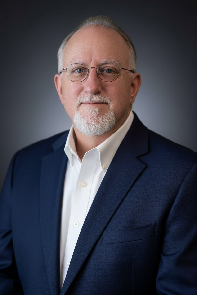 Man with glasses and white beard, arms crossed, wearing a blue sweater, smiling.
