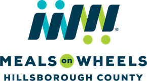 Meals on Wheels Hillsborough County logo. Teal and green stylized figures and text.