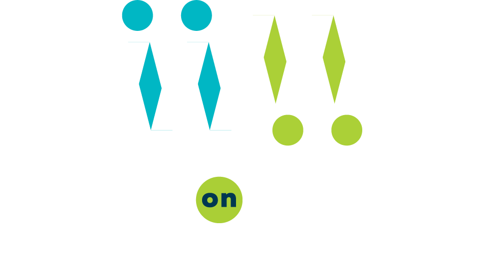 Two teal figures with exclamation marks; green circle says “on.”