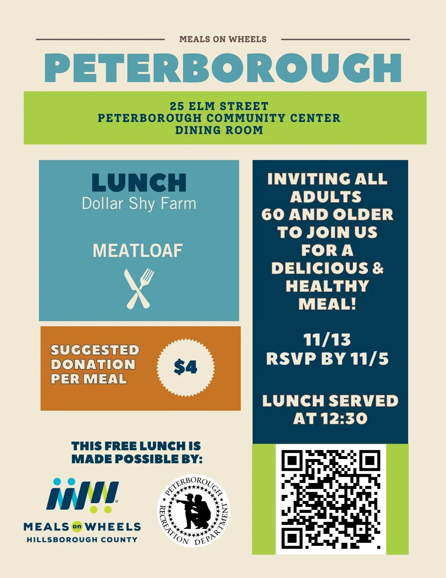 Flyer for Meals on Wheels in Peterborough, inviting adults 60+ to lunch on 11/13, RSVP by 11/5. Lunch: Meatloaf. Suggested donation $4.