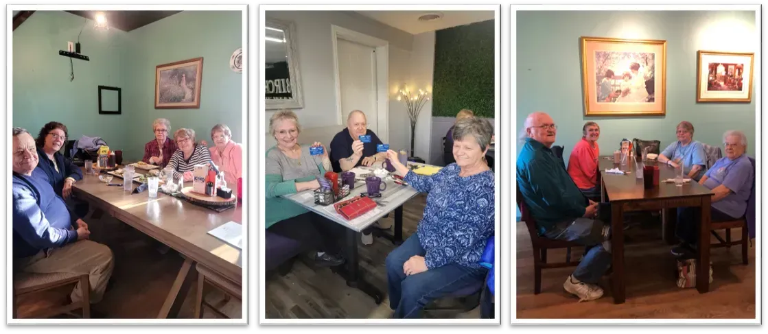 Three photos showing a group of people seated around tables, possibly at a restaurant or meeting.