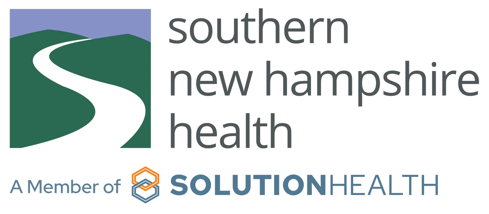Logo for Southern New Hampshire Health. Features a road winding through green hills, with text.