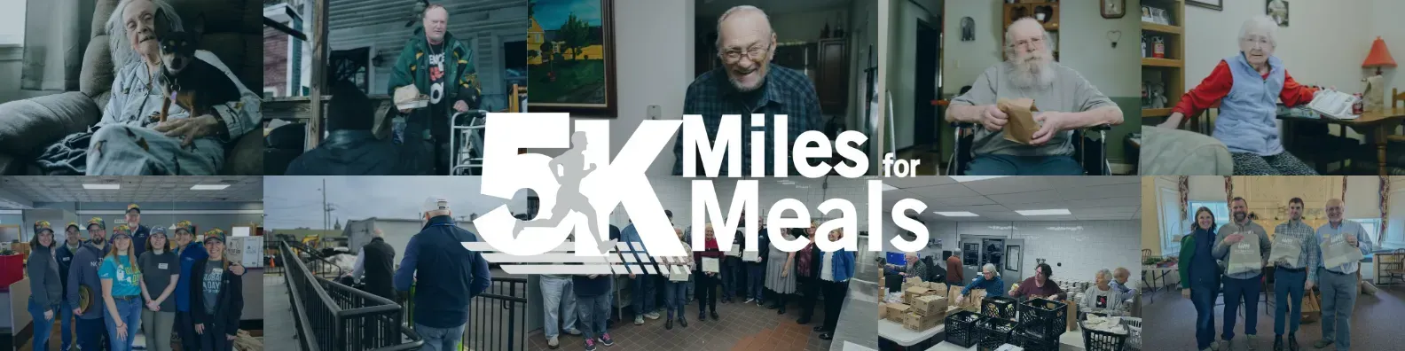 5K Miles for Meals promotion, multiple people shown in various settings, text overlayed on the images.