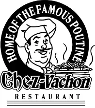 Chez-Vachon restaurant logo: Chef holding a poutine dish. 