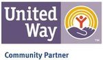 United Way logo with purple text, a hand holding a person within a sunburst.