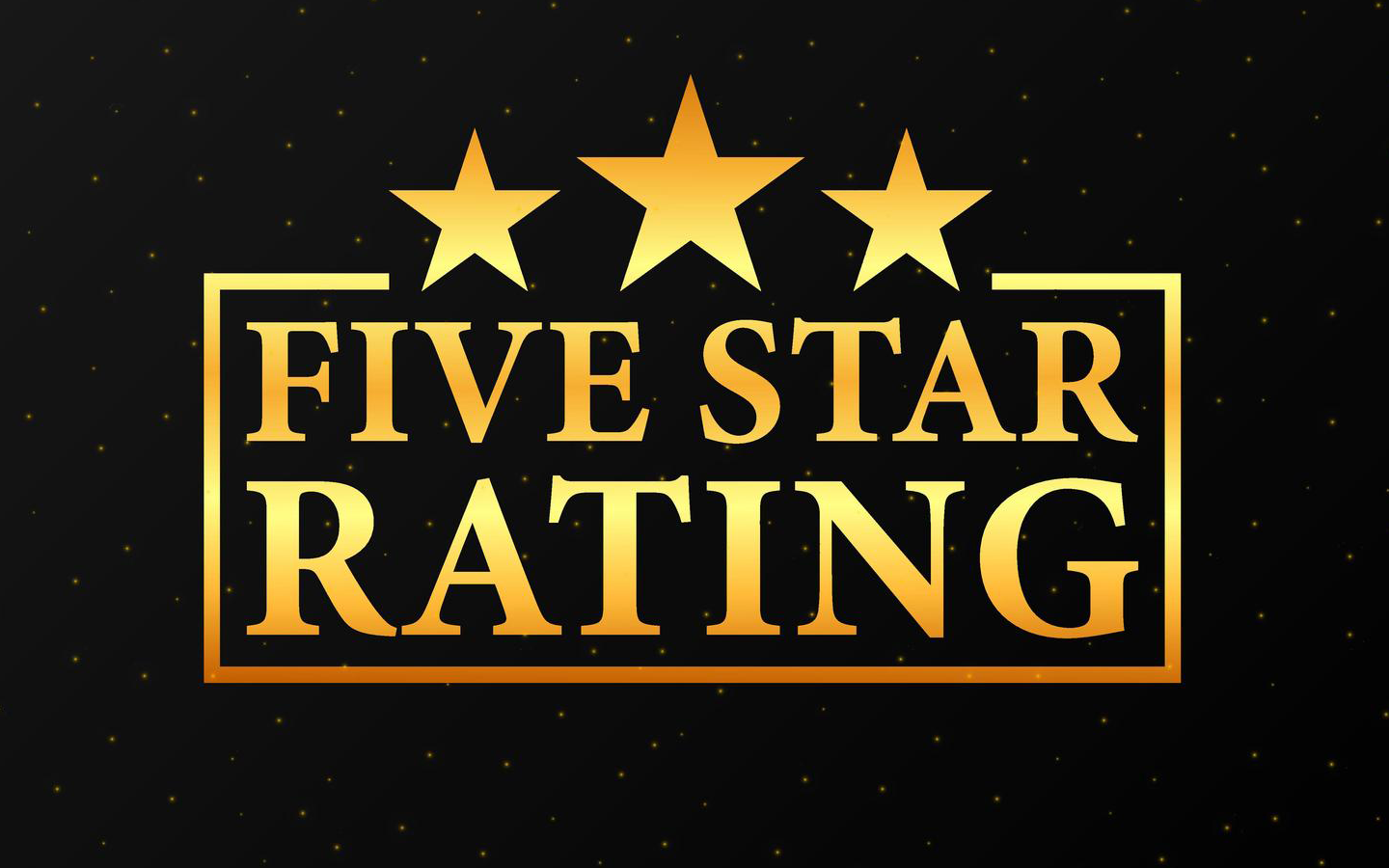 Gold “FIVE STAR RATING” text with three gold stars on a black background