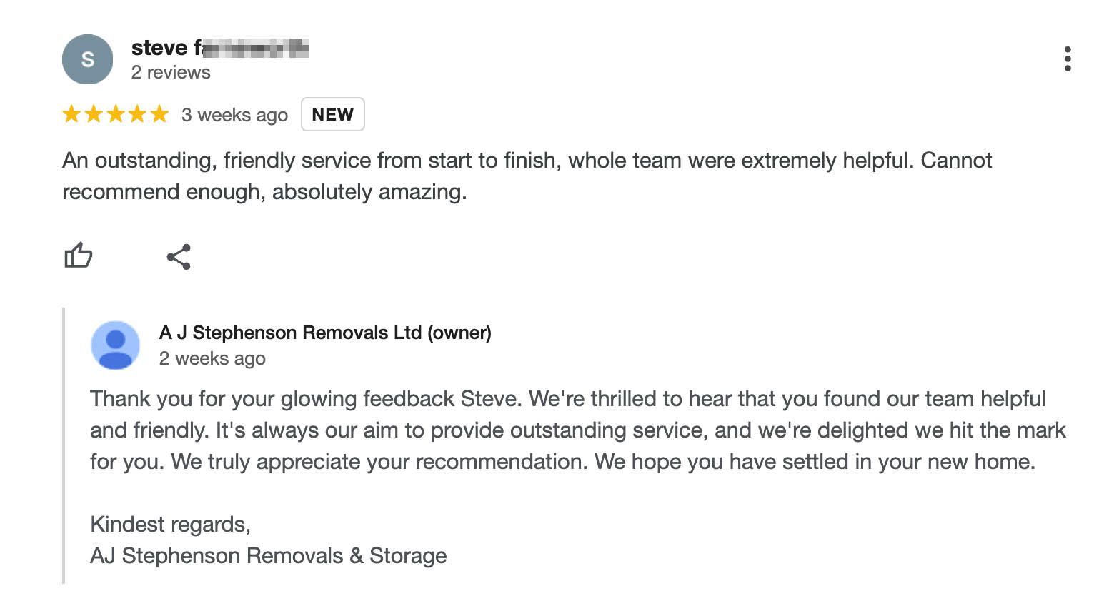 A google review and reply for AJ Stephenson Removals of Billericay