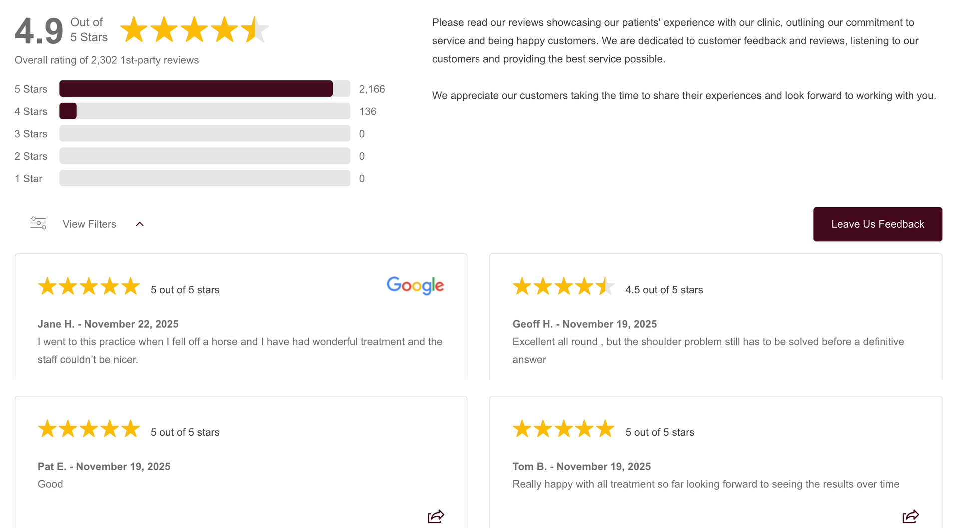Customer review section with a 4.9-star rating, including text reviews and a 