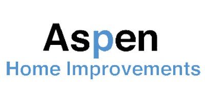 The logo for aspen home improvements is blue and black.