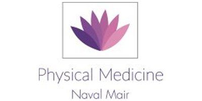 The logo for physical medicine naval mair has a purple flower on it.