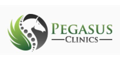 Logo for Pegasus Clinics: A horse head, spine, and green leaf design within a gray circle, with 