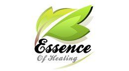 A logo for essence of healing with a green leaf