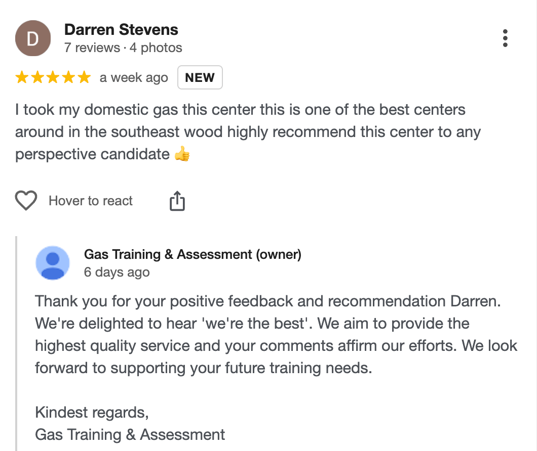 google review for Gas Training & Assessment with response