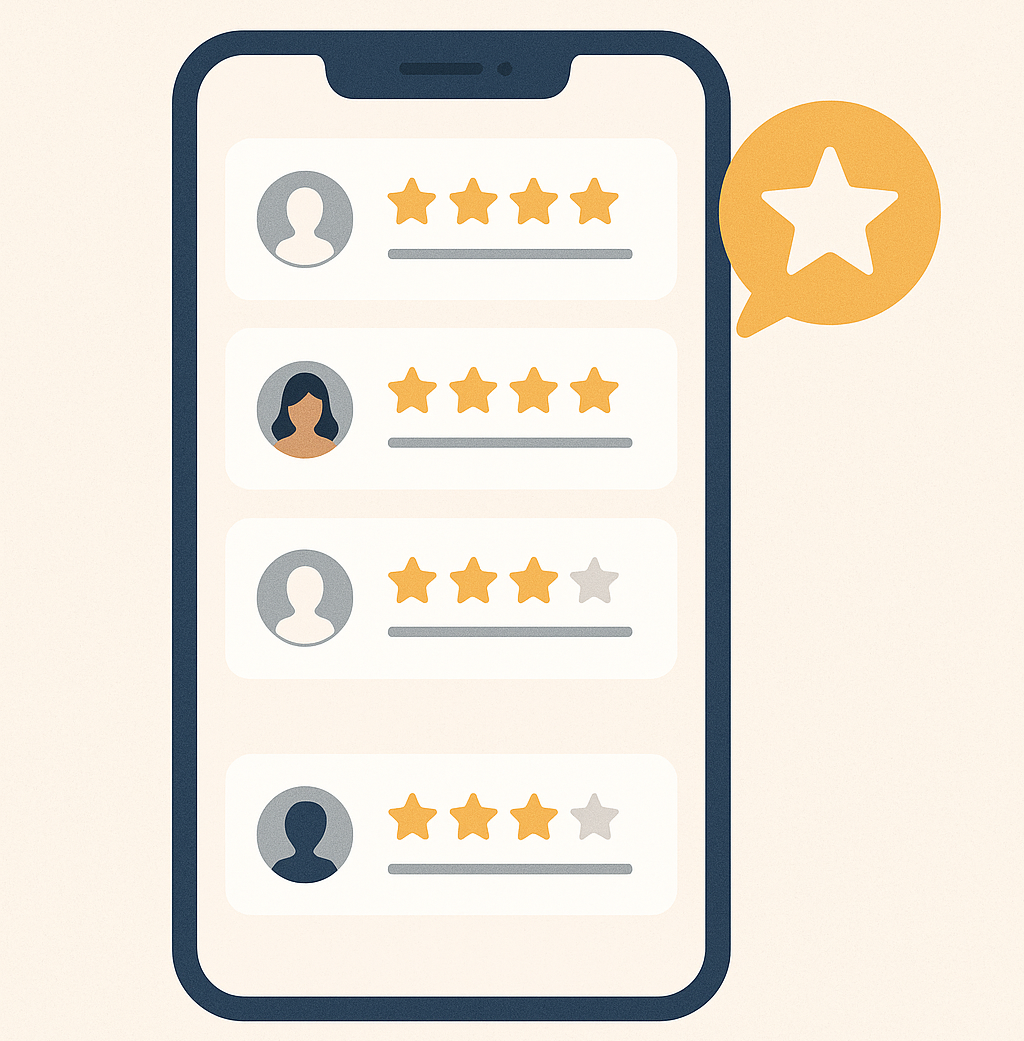 Smartphone displaying customer reviews, star ratings, and a speech bubble. Text reads