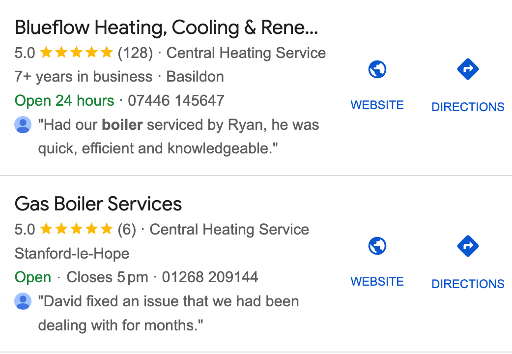 A google search for boiler services in Basildon