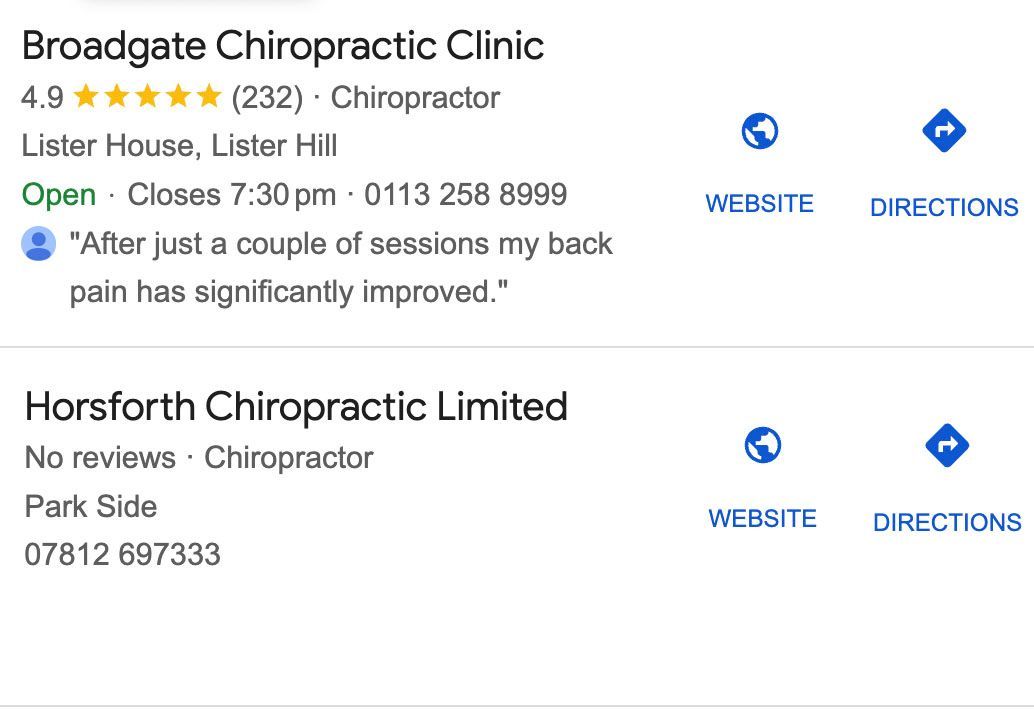 Google search for Chiopractors Horsforth
