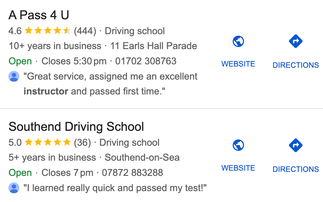 Google search Driving schools in Southend