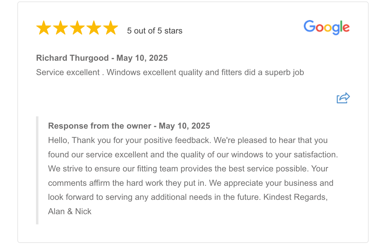 A google review from a customer is shown on a white background.