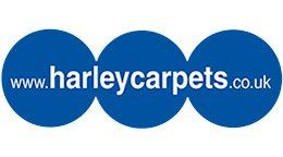 The harley carpets logo is blue and white and says www.harleycarpets.co.uk