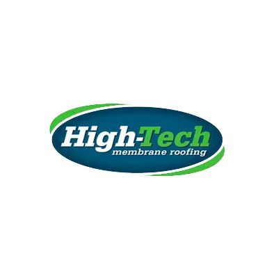 The logo for high tech membrane roofing is blue and green.
