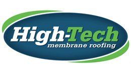 The logo for high tech membrane roofing is blue and green.