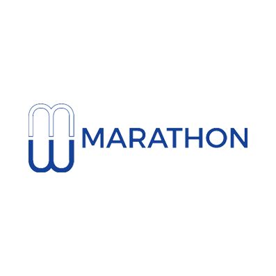 The marathon logo is blue and white on a white background.