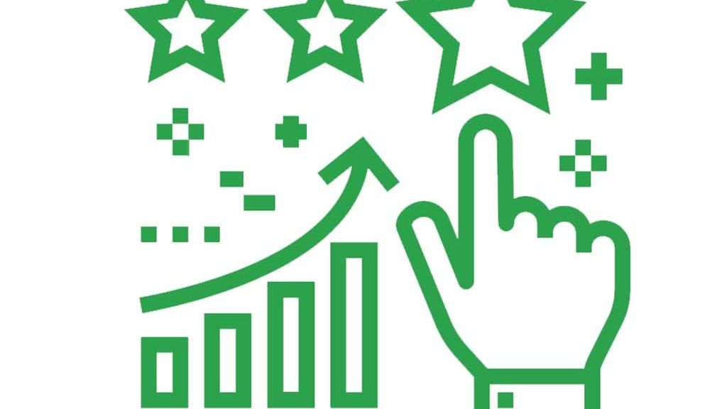 A green icon of a hand pointing at a graph with stars.