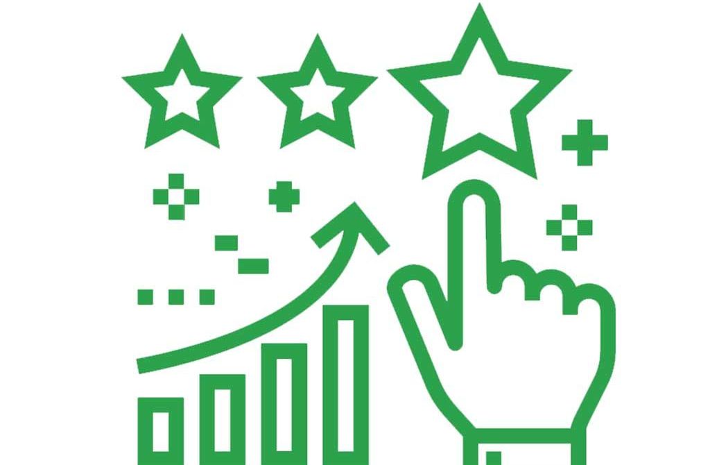 A green icon of a hand pointing at a graph with stars on it.