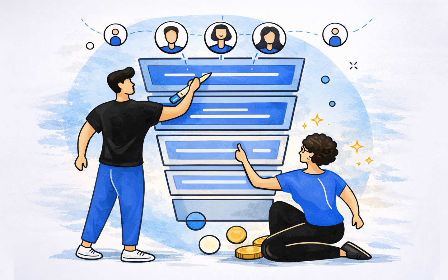 Two people managing a marketing funnel, selecting customers from a pool of potential leads.