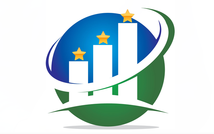 A blue and green circle containing three white bar graph columns topped with yellow stars, encircled by a curved swoop.