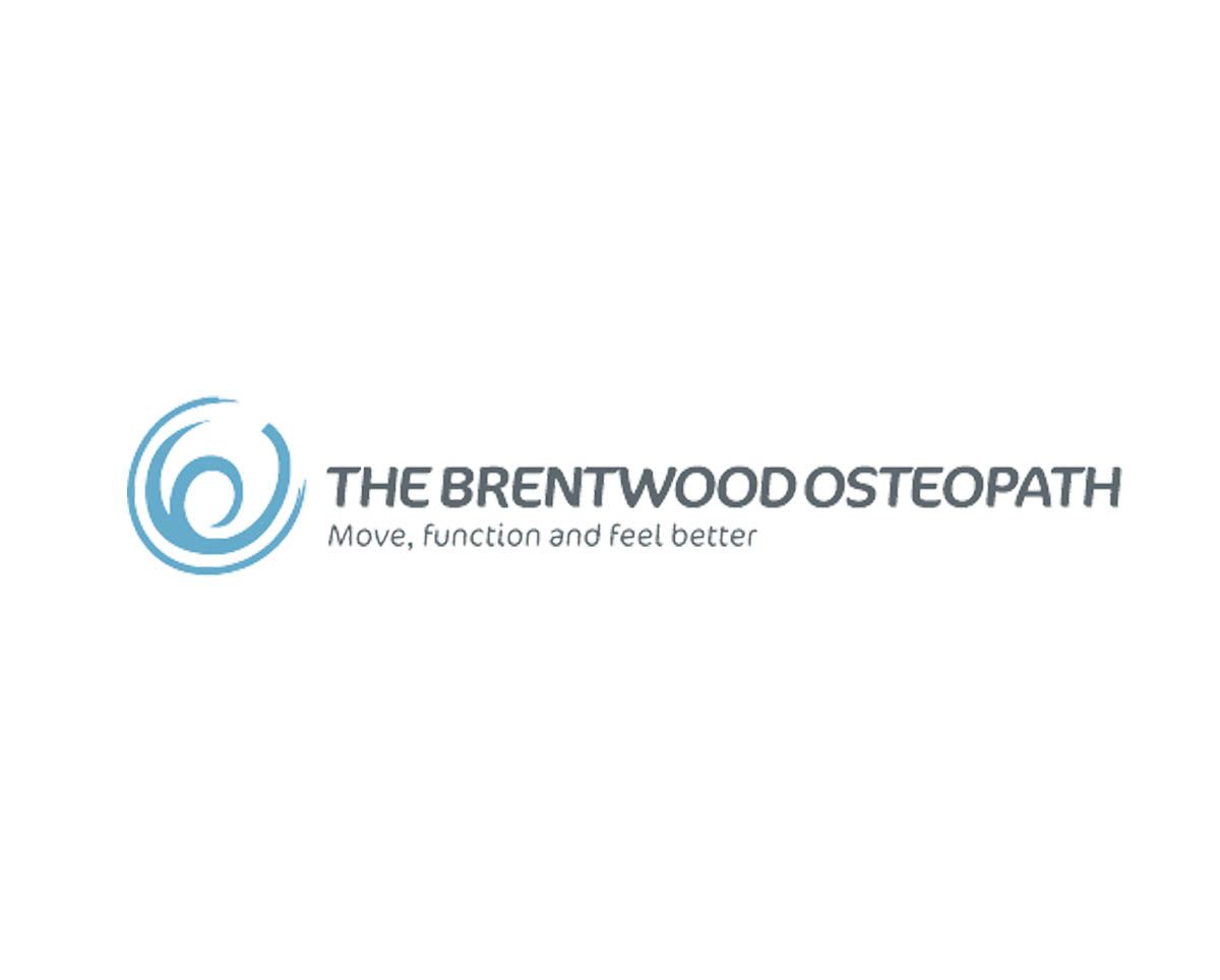 Logo for The Brentwood Osteopath, with a blue swirl design and text: 