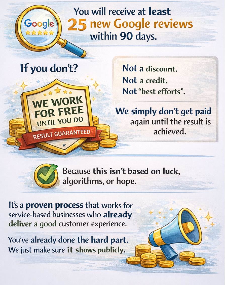 Advertisement promising 25+ Google reviews in 90 days or work is free. Includes Google logo, shield, and megaphone.