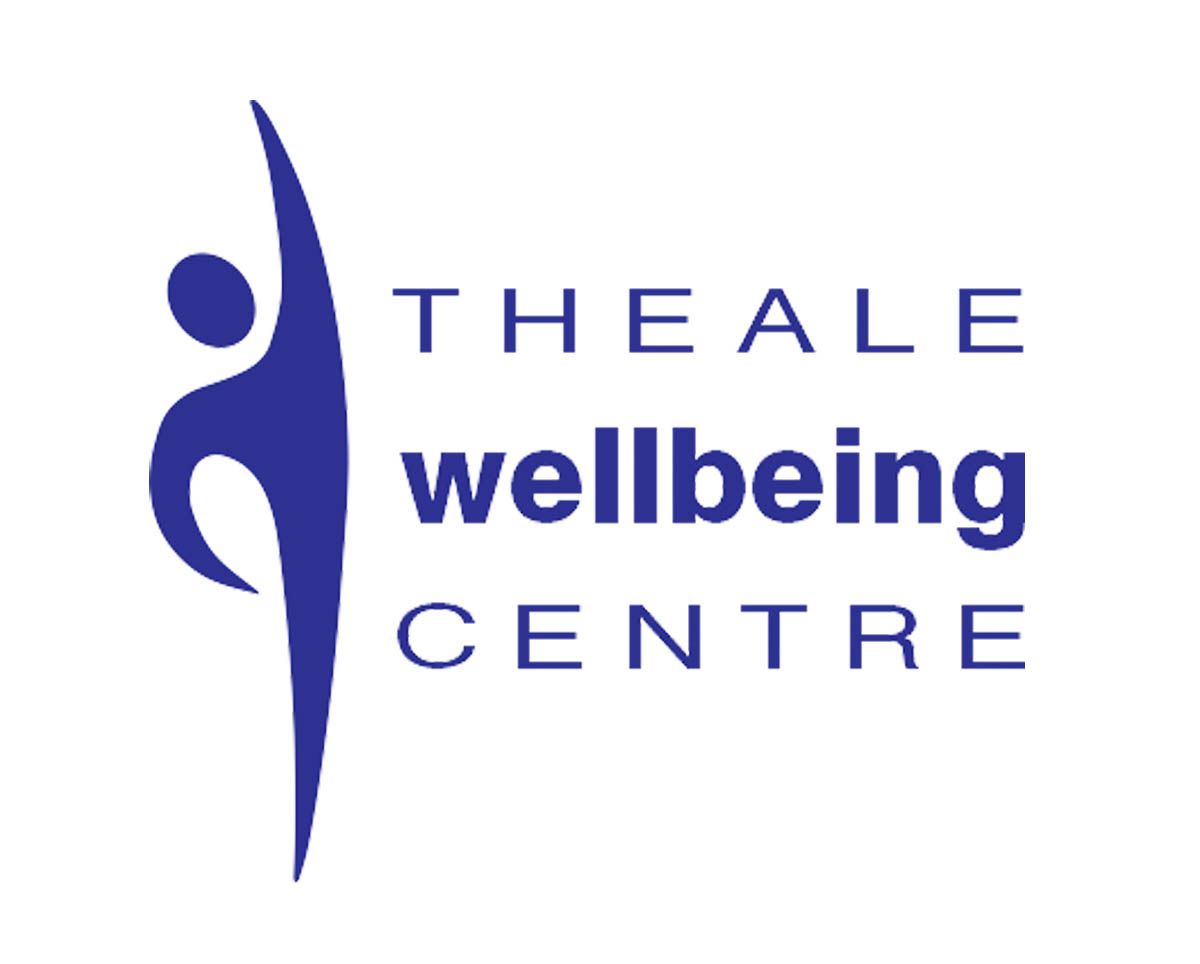 Logo for Theale Wellbeing Centre: blue silhouette of a person reaching up, with the center's name in blue text.