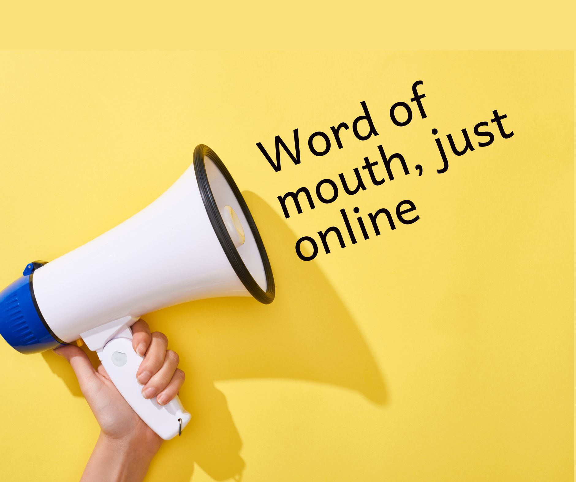 Hand holding a white megaphone with blue and black details, text: 