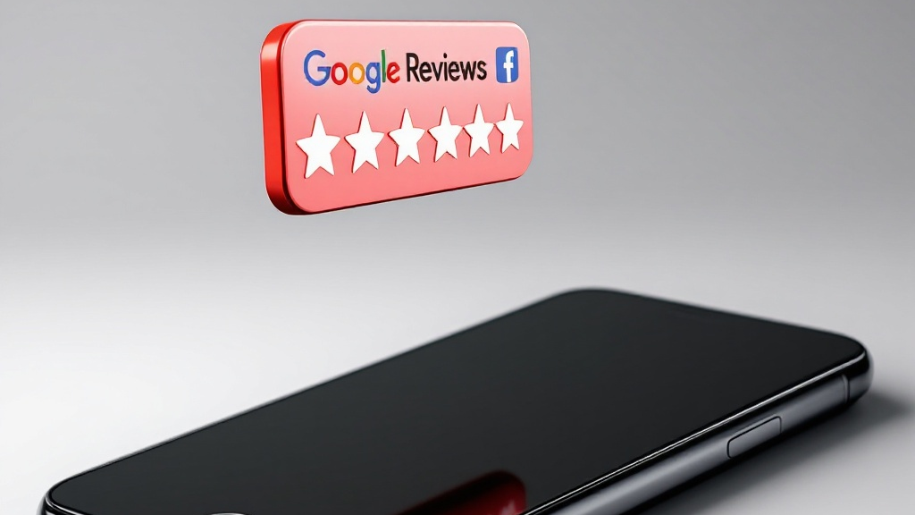 A cell phone with a google reviews sign above it
